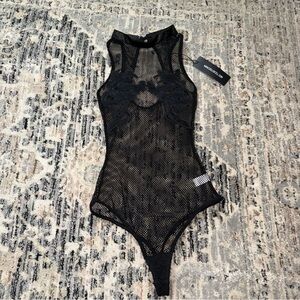 Dolls Kill Club EXX Rave fishnet high neck Bodysuit Small NWT Black